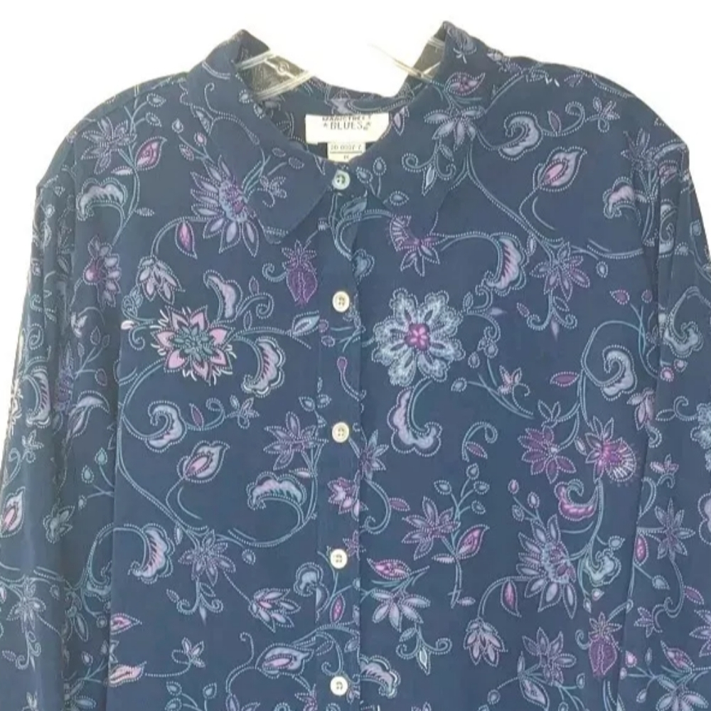 Vtg Artsy Floral Pailsey Shirt Jacket Blue Button Front Cottage Boho Artsy Fall